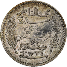 Moneta, Tunisia, Muhammad al-Nasir Bey, 50 Centimes, 1916, Paris, BB, Argento
