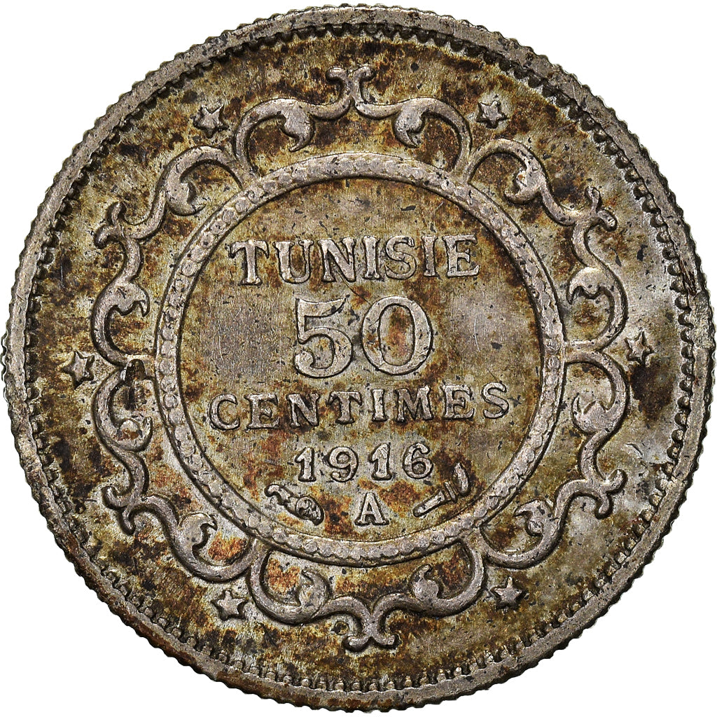 Moneta, Tunisia, Muhammad al-Nasir Bey, 50 Centimes, 1916, Paris, BB, Argento