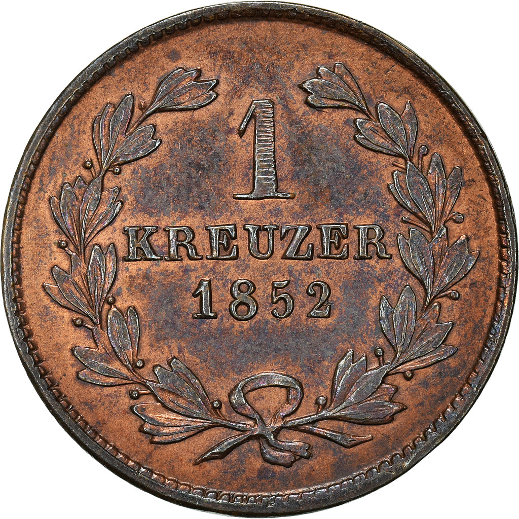 Moneta, Stati tedeschi, BADEN, Leopold I, Kreuzer, 1852, BB+, Rame, KM:218.2