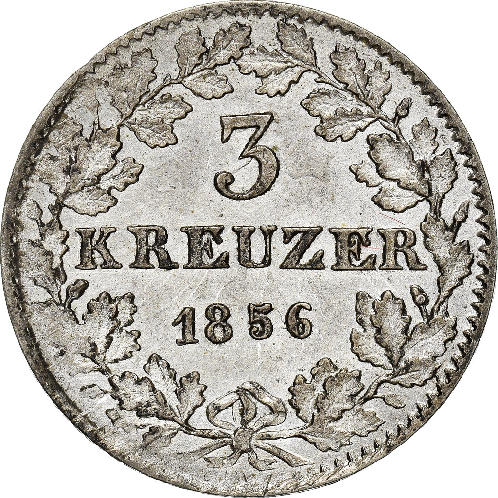 Coin, German States, FRANKFURT AM MAIN, 3 Kreuzer, 1856, AU(55-58), Silver