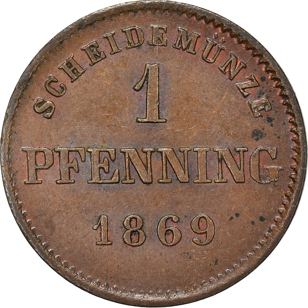Coin, German States, BAVARIA, Maximilian II, Pfennig, 1869, AU(55-58), Copper