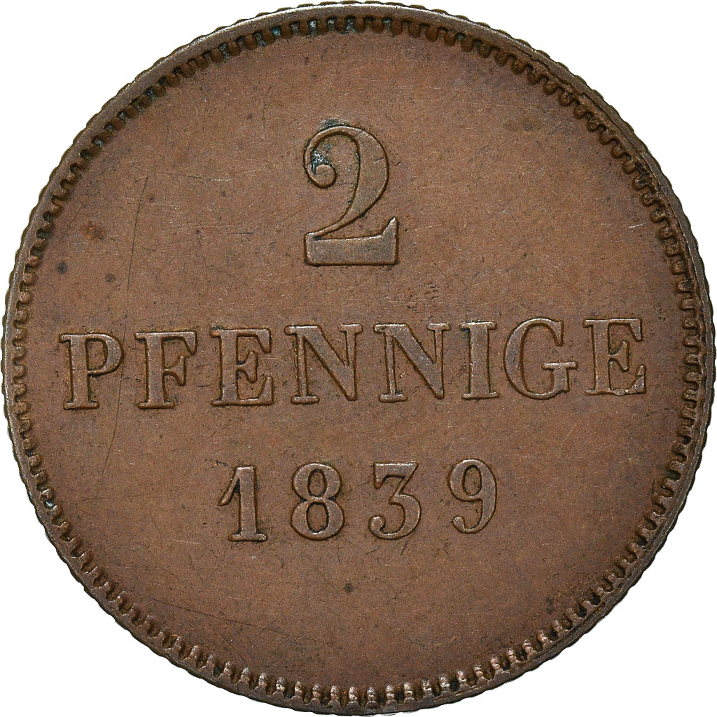 Coin, German States, BAVARIA, Ludwig I, 2 Pfennig, 1839, AU(50-53), Copper