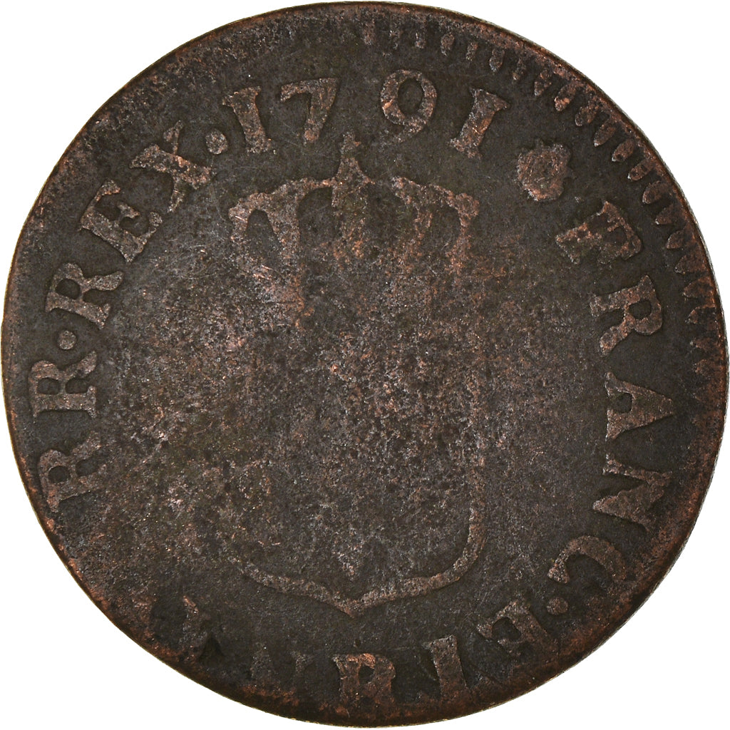 Coin, France, Louis XVI, Liard, 1791, Rouen, F(12-15), Copper, Gadoury:348