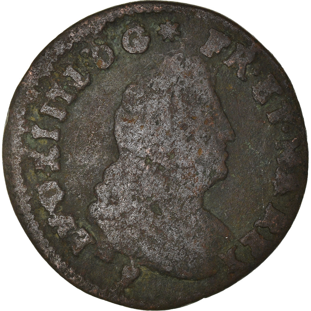 Coin, France, Louis XIV, 2 Deniers, 1708, Strasbourg, F(12-15), Copper, C2G:266