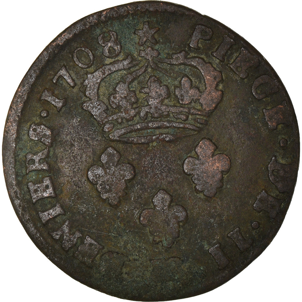 Coin, France, Louis XIV, 2 Deniers, 1708, Strasbourg, F(12-15), Copper, C2G:266