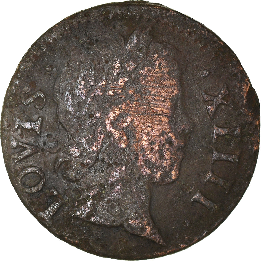 Moneta, Francia, Louis XIV, Denier Tournois, 1649, Paris, MB, Rame, CGKL:552