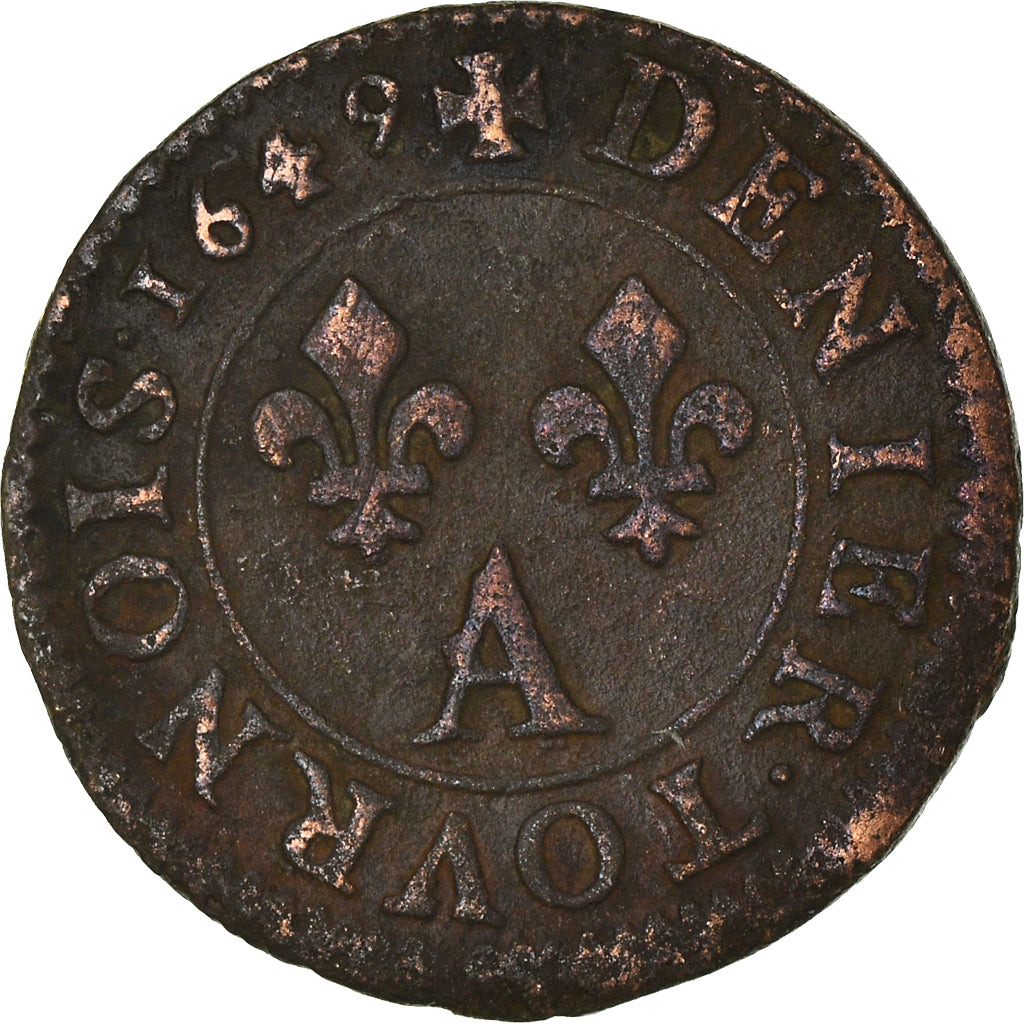 Moneta, Francia, Louis XIV, Denier Tournois, 1649, Paris, MB, Rame, CGKL:552