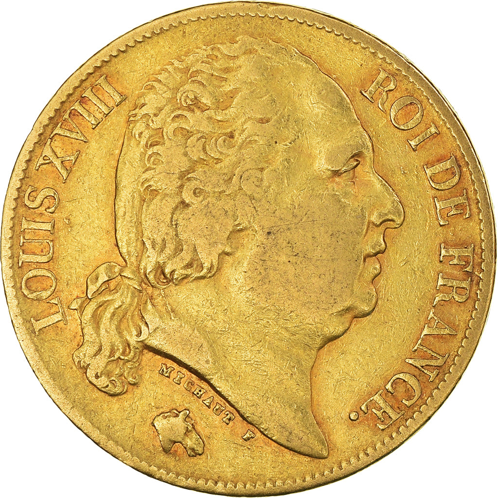 Moneta, Francja, Louis XVIII, 20 Francs, 1824, Paris, EF(40-45), Złoto