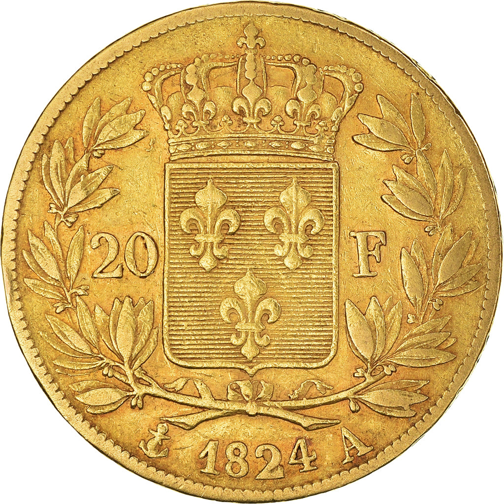 Moneta, Francja, Louis XVIII, 20 Francs, 1824, Paris, EF(40-45), Złoto
