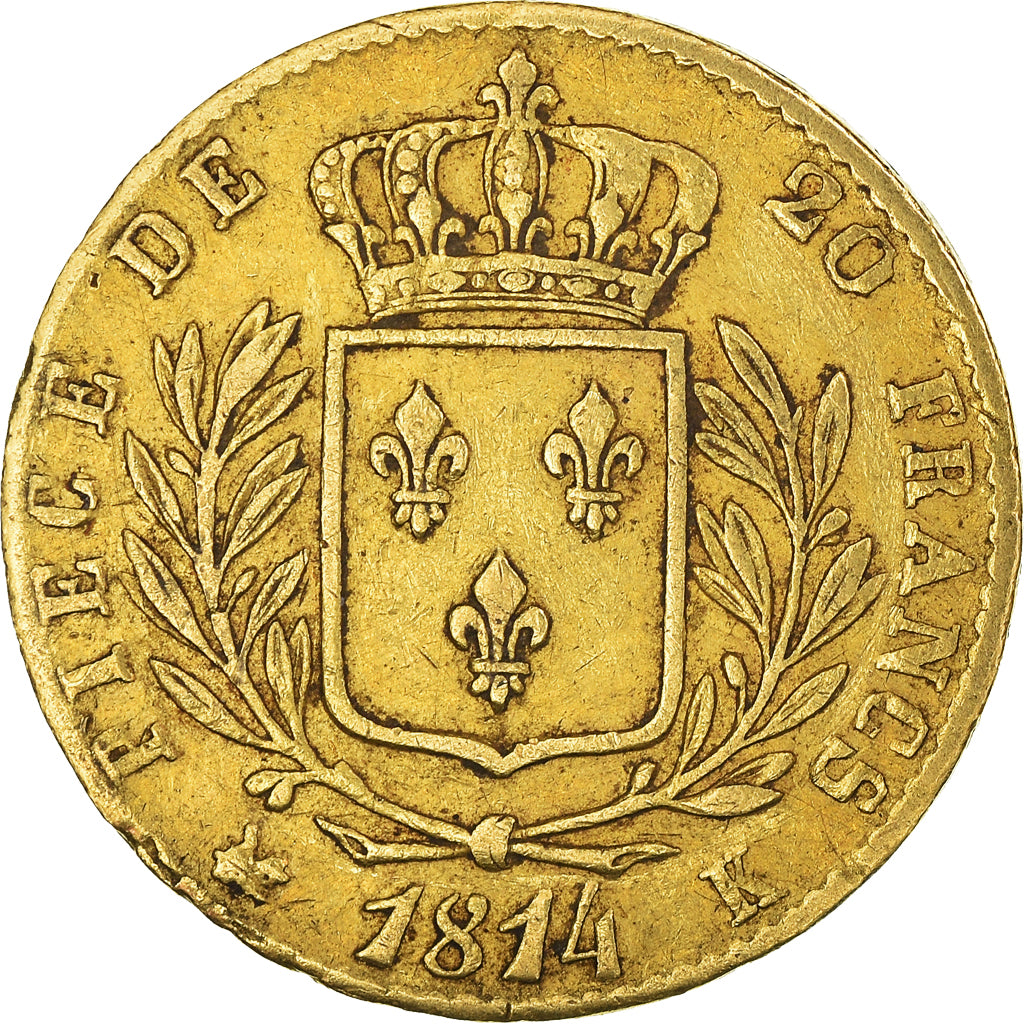 Moneta, Francia, Louis XVIII, 20 Francs, 1814, Bordeaux, MB+, Oro, KM:706.3