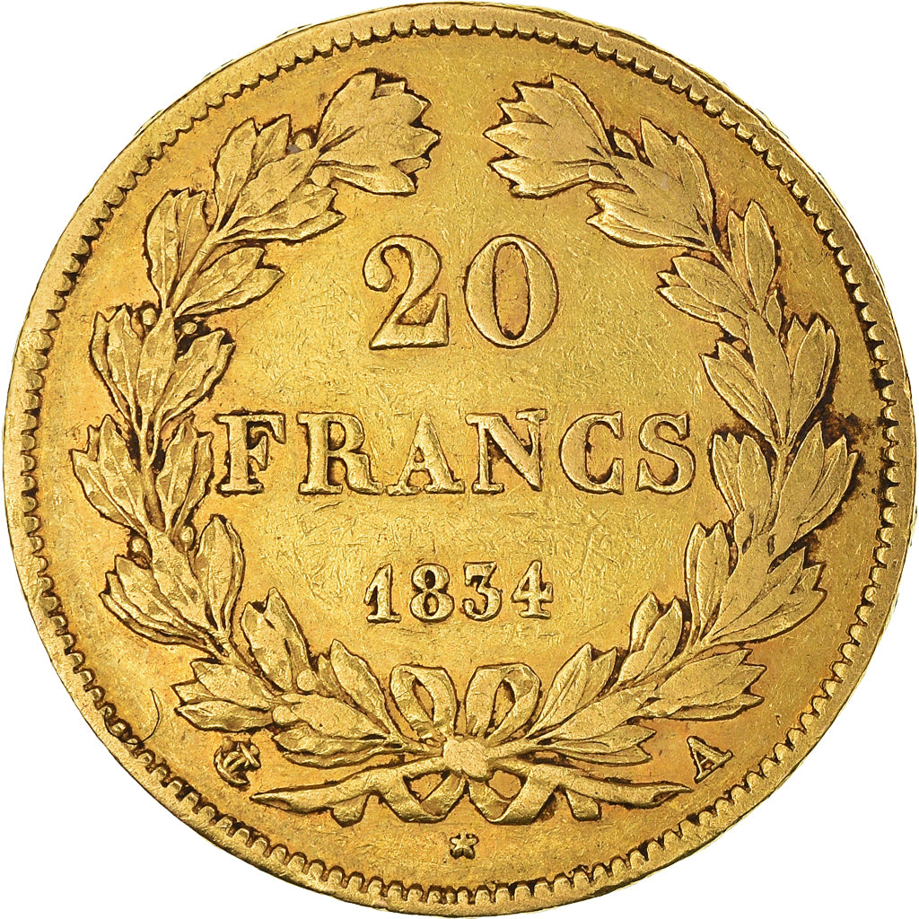 Moneda, Francia, Louis-Philippe, 20 Francs, 1834, Paris, MBC, Oro, KM:750.1