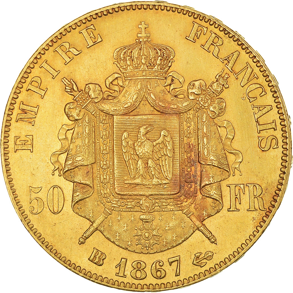 Coin, France, Napoleon III, 50 Francs, 1867, Strasbourg, AU(55-58), Gold