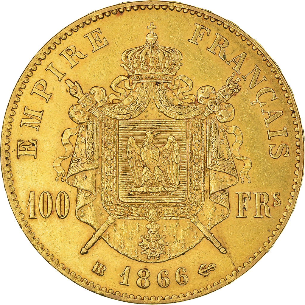 Moneda, Francia, Napoleon III, 100 Francs, 1866, Strasbourg, MBC, Oro