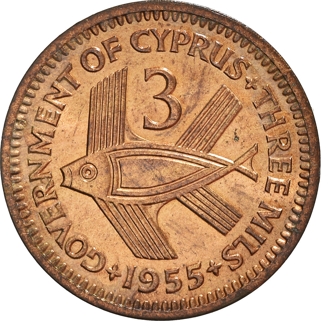 Coin, Cyprus, 3 Mils, 1955, AU(55-58), Bronze, KM:33