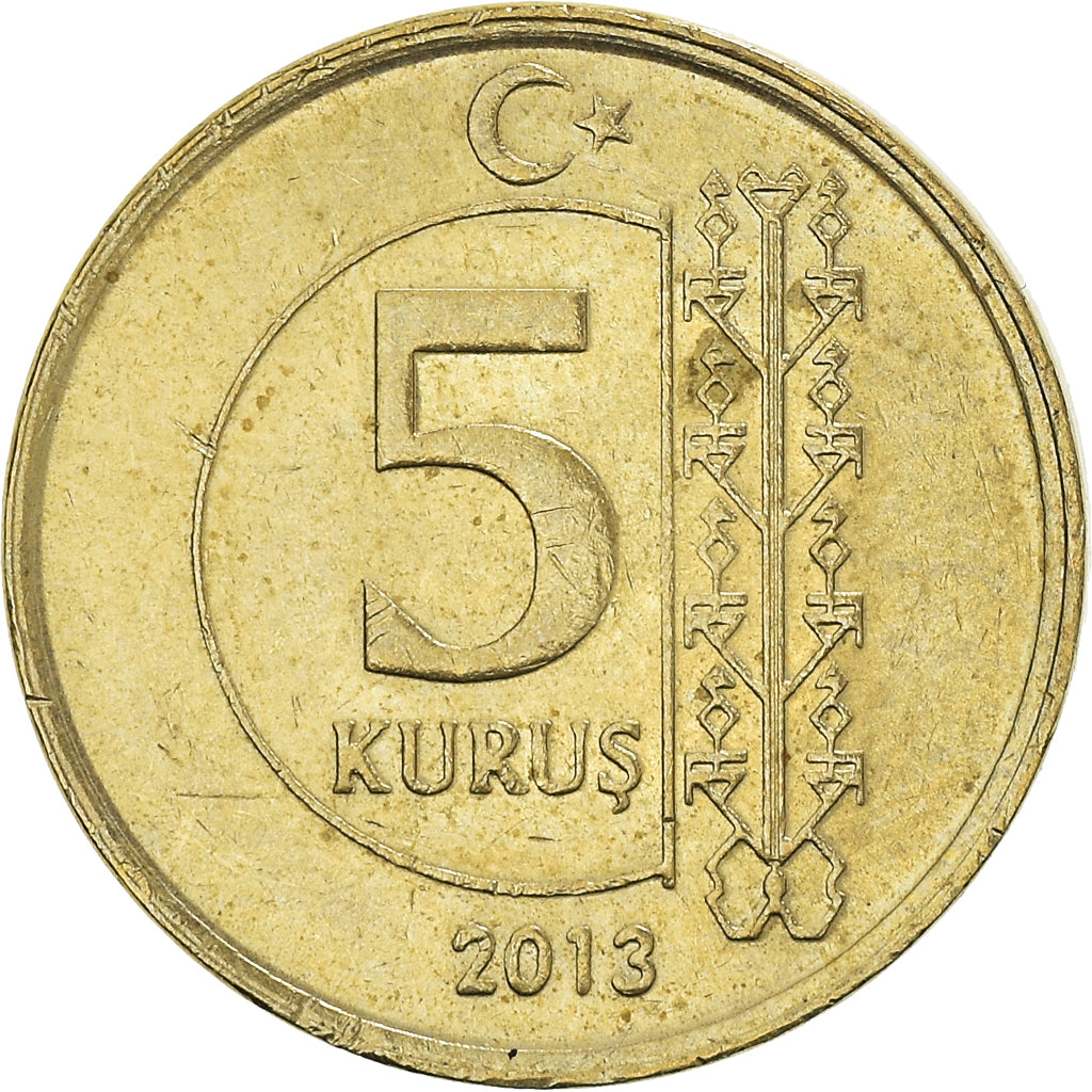 Coin, Turkey, 5 Kurus, 2013, AU(55-58), Brass, KM:1240