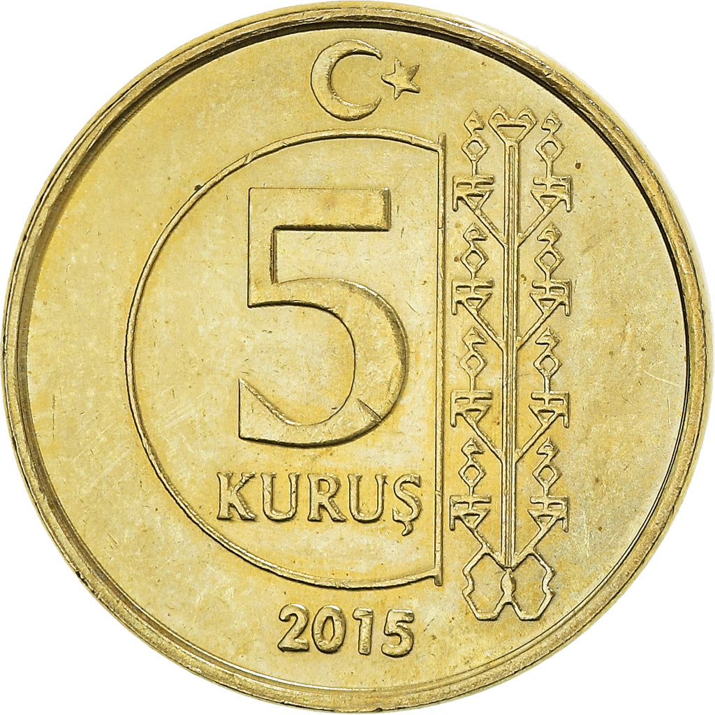 Coin, Turkey, 5 Kurus, 2015, AU(55-58), Brass, KM:1240