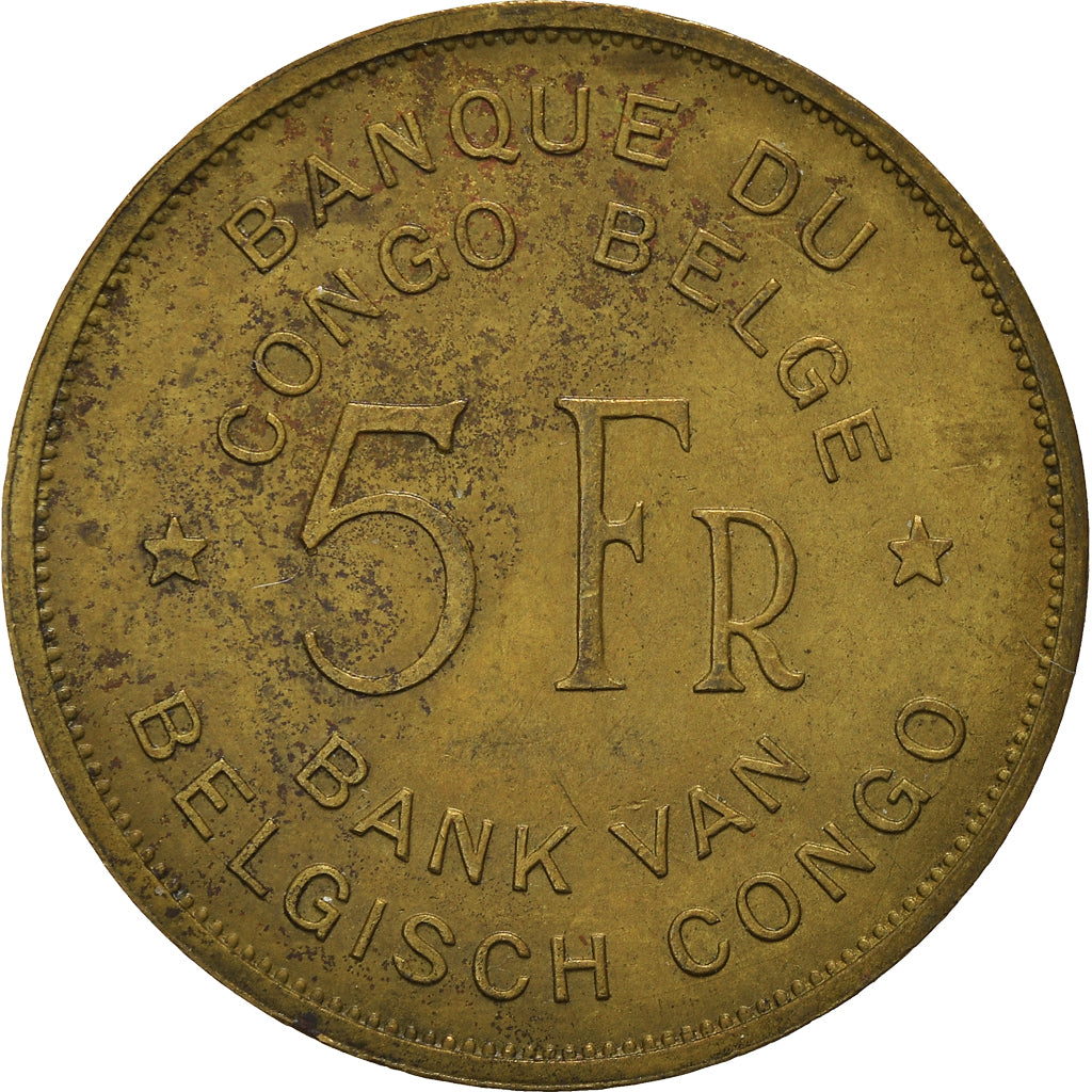 Coin, Belgian Congo, 5 Francs, 1947, EF(40-45), Brass, KM:29
