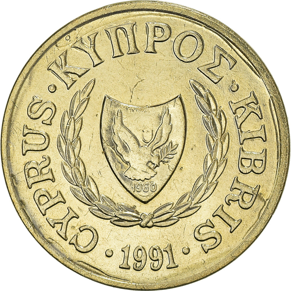 Moeda, Chipre, 2 Cents, 1991, MS(63), Níquel-Latão, KM:54.3