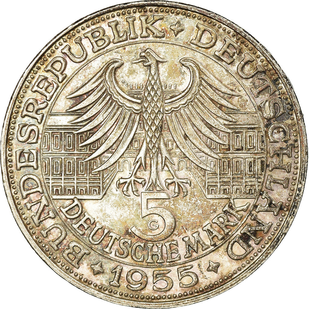 Moneta, Niemcy - RFN, 5 Mark, 1955, Karlsruhe, Germany, AU(55-58), Srebro