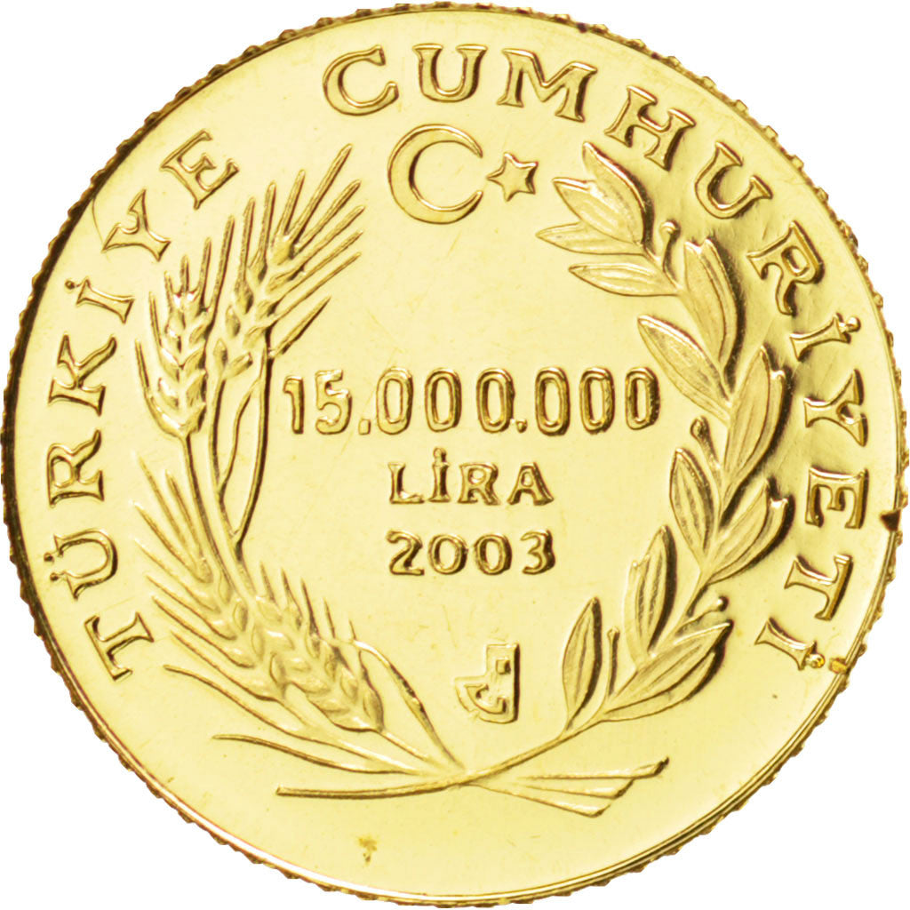 Coin, Turkey, 15 New Lira, 2003, MS(65-70), Gold, KM:1195