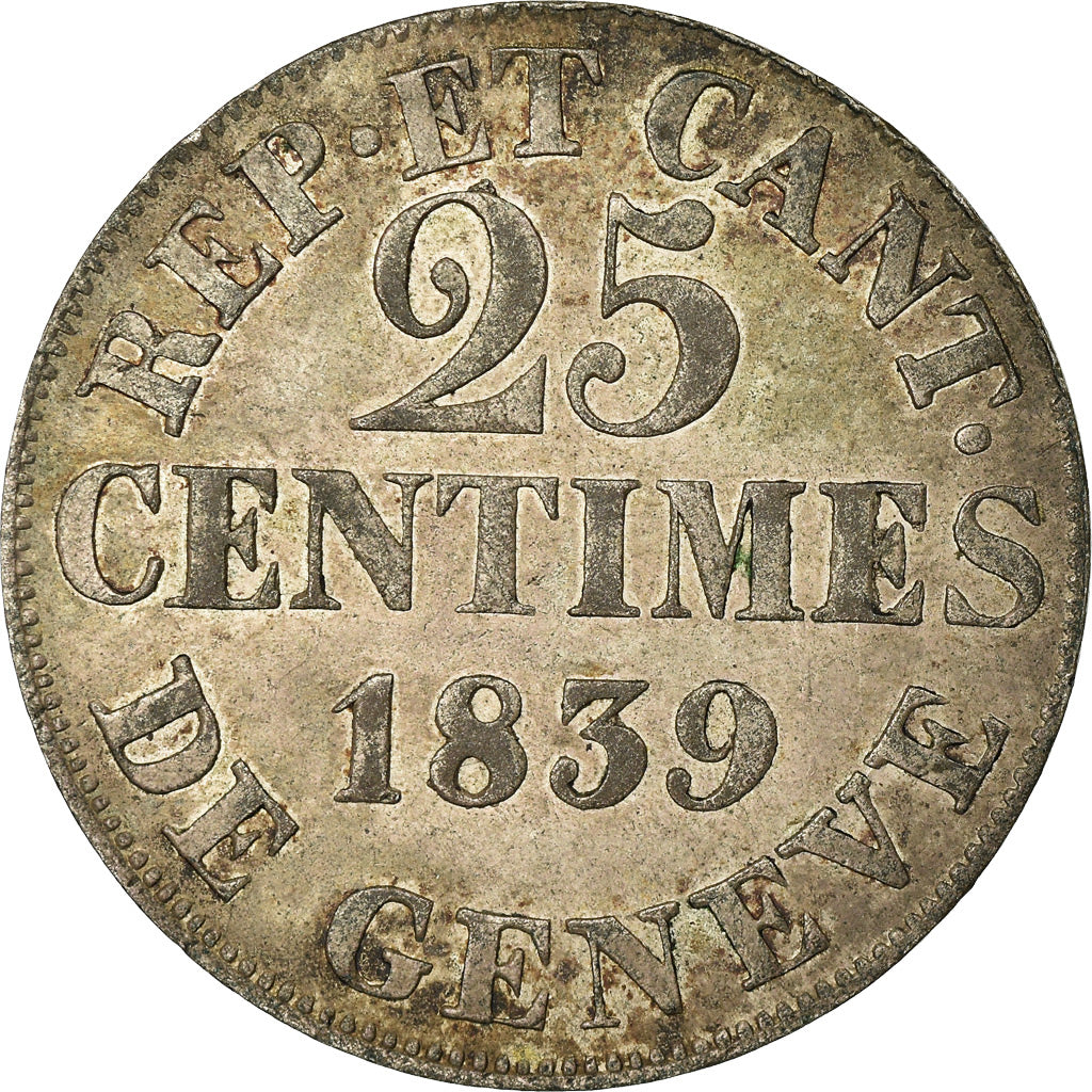 Coin, SWISS CANTONS, GENEVA, 25 Centimes, 1839, Genève, AU(50-53), Billon