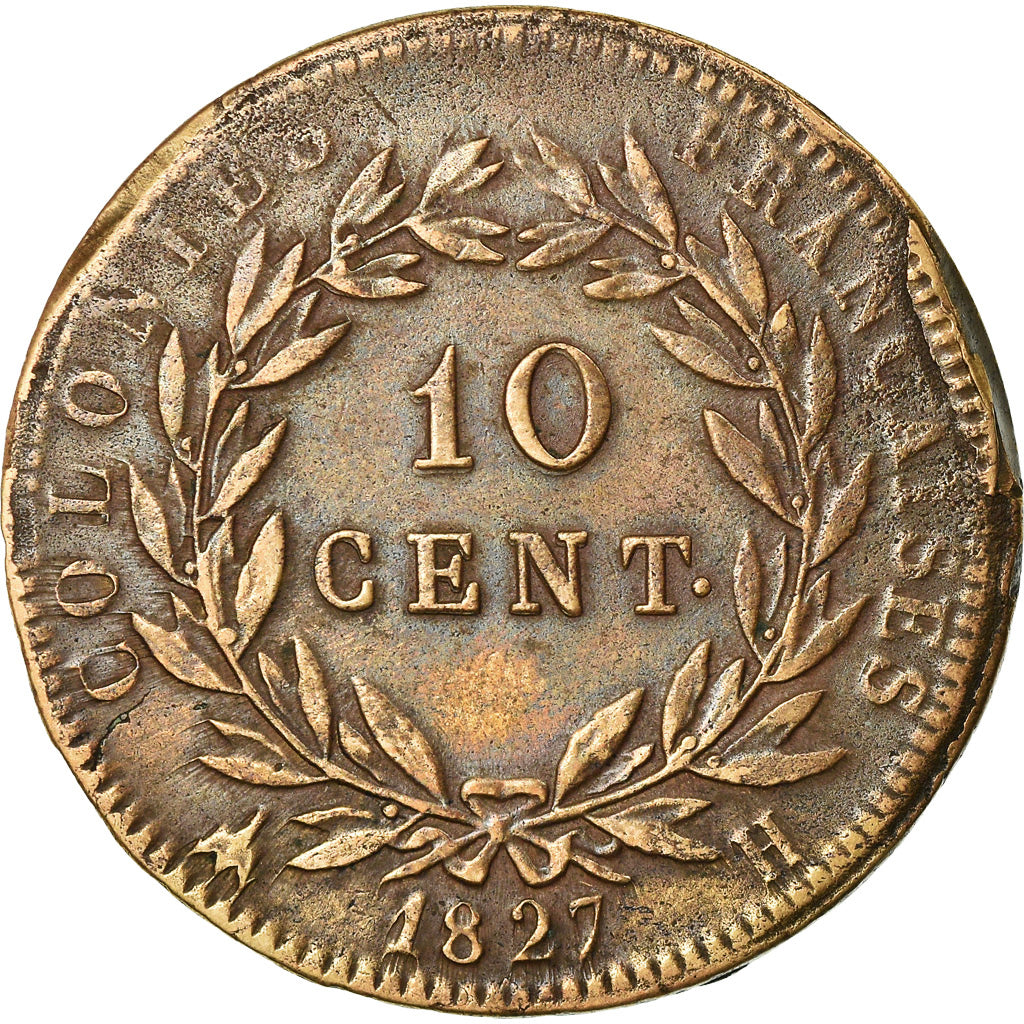 Coin, FRENCH COLONIES, Charles X, 10 Centimes, 1827, La Rochelle, VF(30-35)