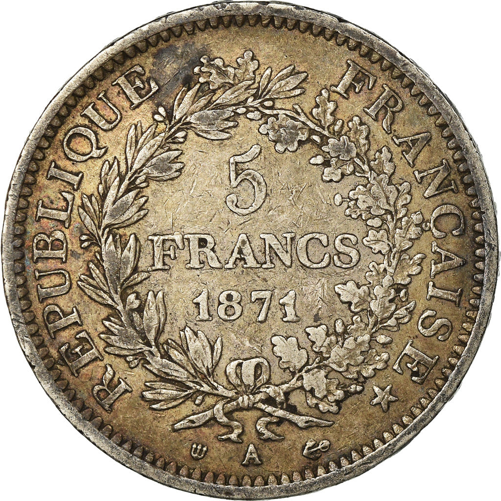 Moneda, Francia, Hercule, 5 Francs, 1871, Paris, Camélinat, MBC, Plata, KM:823