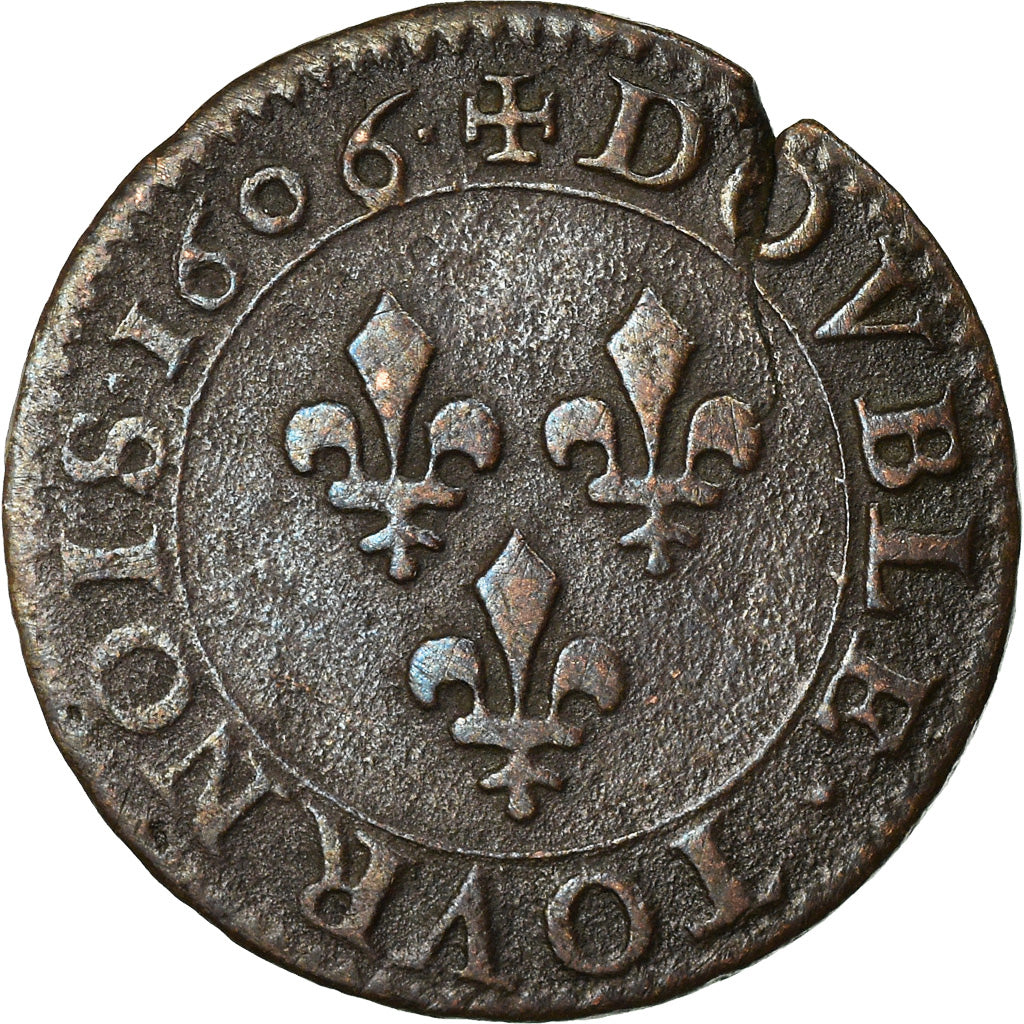 Monnaie, France, Henri IV, Double Tournois, 1606, Paris, TB+, Cuivre, CGKL:222