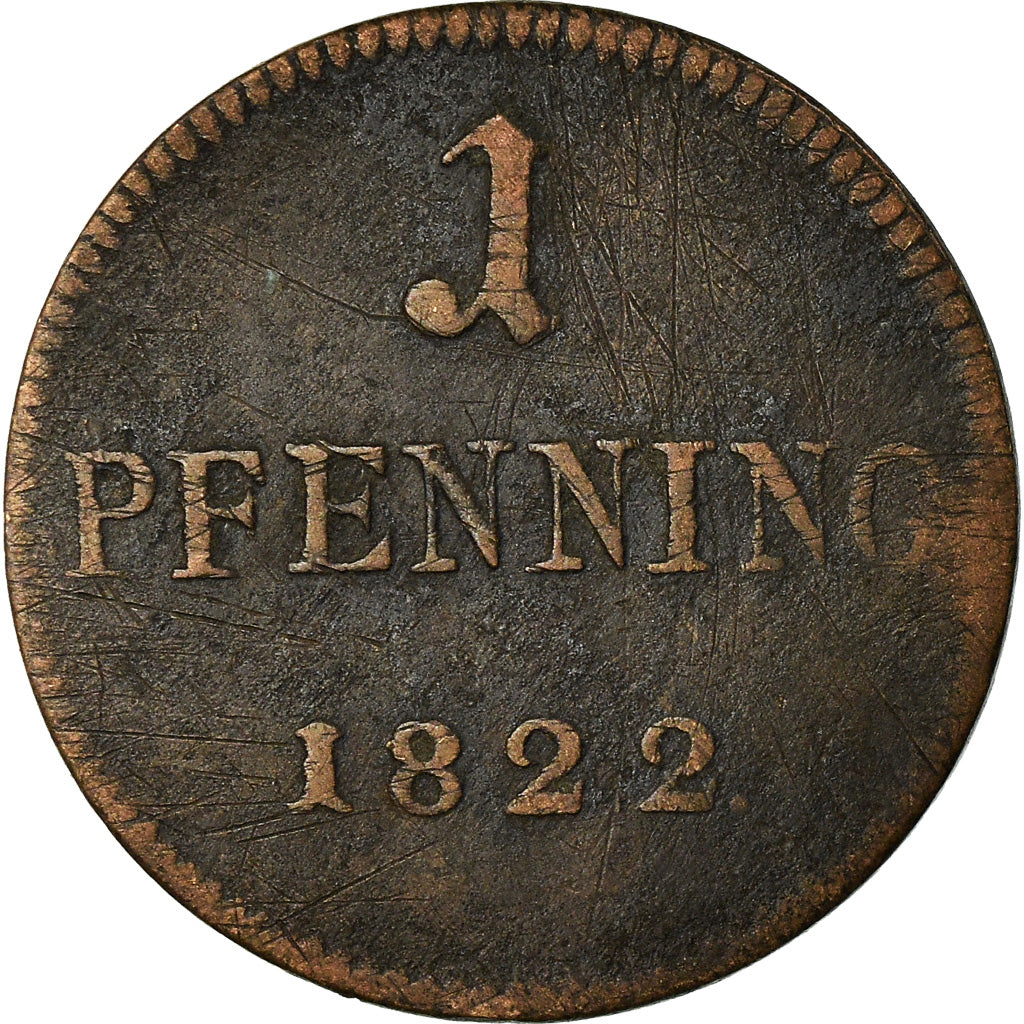 Coin, German States, FRANKFURT AM MAIN, Pfennig, 1822, Frankfurt, VF(30-35)