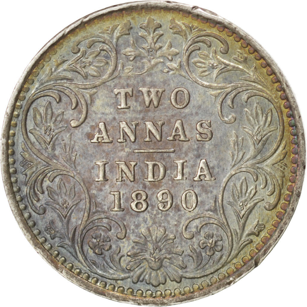 Coin, INDIA-BRITISH, Victoria, 2 Annas, 1890, AU(55-58), Silver, KM:488