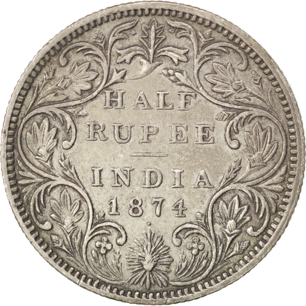 Moneda, INDIA BRITÁNICA, Victoria, 1/2 Rupee, 1874, MBC, Plata, KM:472