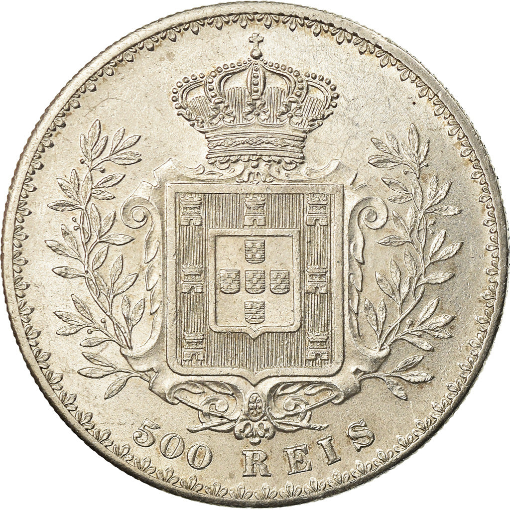 Moneta, Portugal, Carlos I, 500 Reis, 1893, AU(50-53), Srebro, KM:535