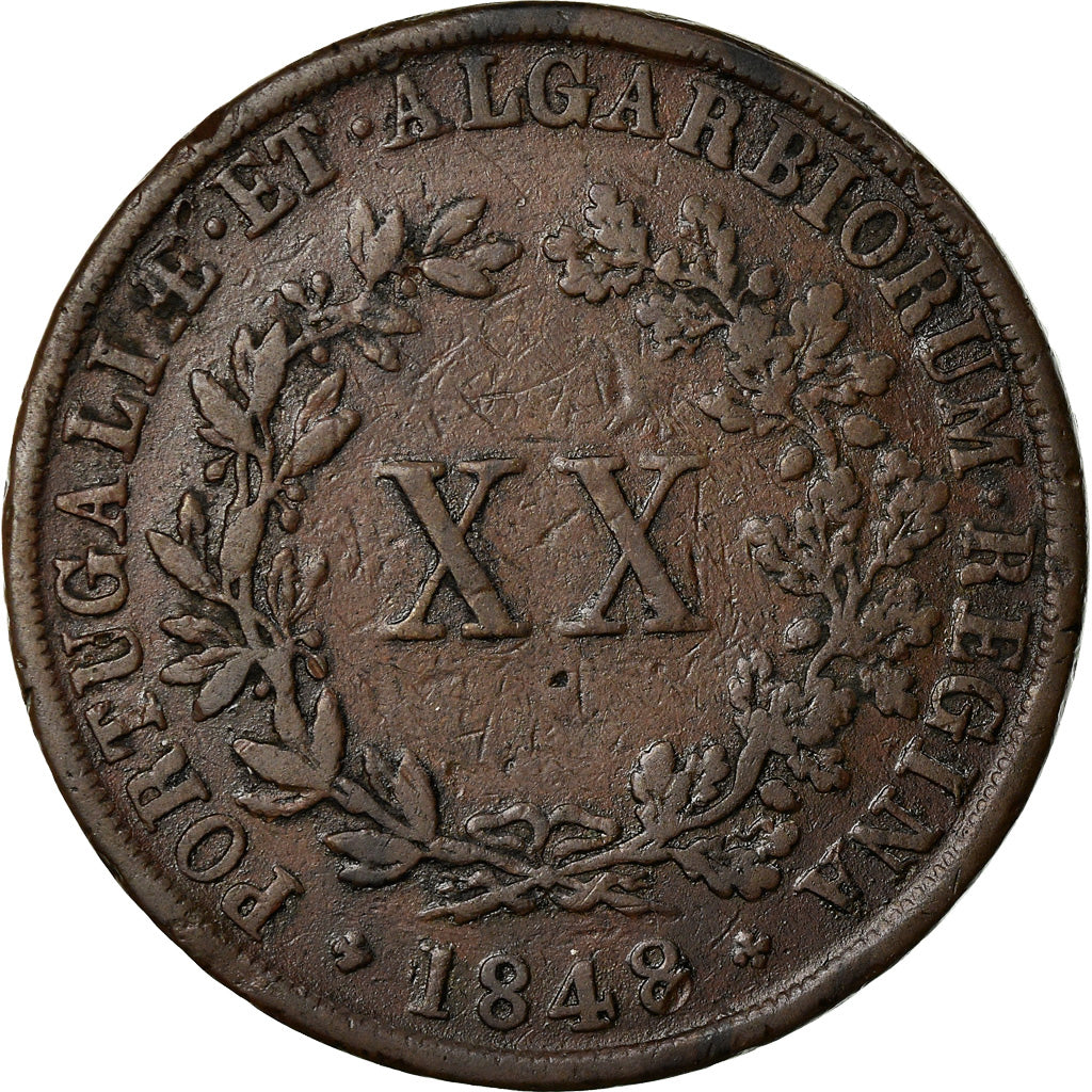 Moneda, Portugal, Maria II, 20 Reis, 1848, BC+, Cobre, KM:482