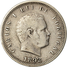 Moeda, Portugal, Carlos I, 200 Reis, 1892, Lisbon, VF(30-35), Prata, KM:534