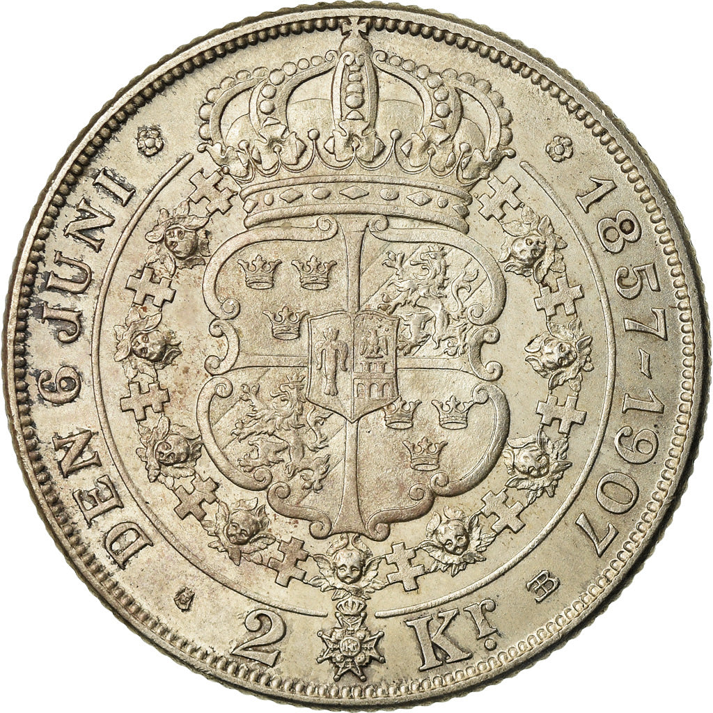 Coin, Sweden, Oscar II, 2 Kronor, 1907, EF(40-45), Silver, KM:776