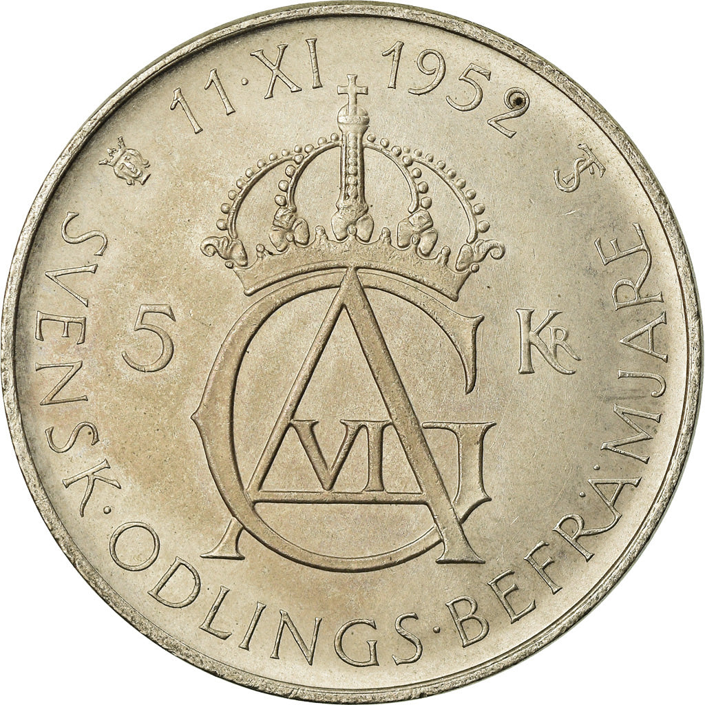 Coin, Sweden, Gustaf VI, 5 Kronor, 1952, MS(60-62), Silver, KM:828