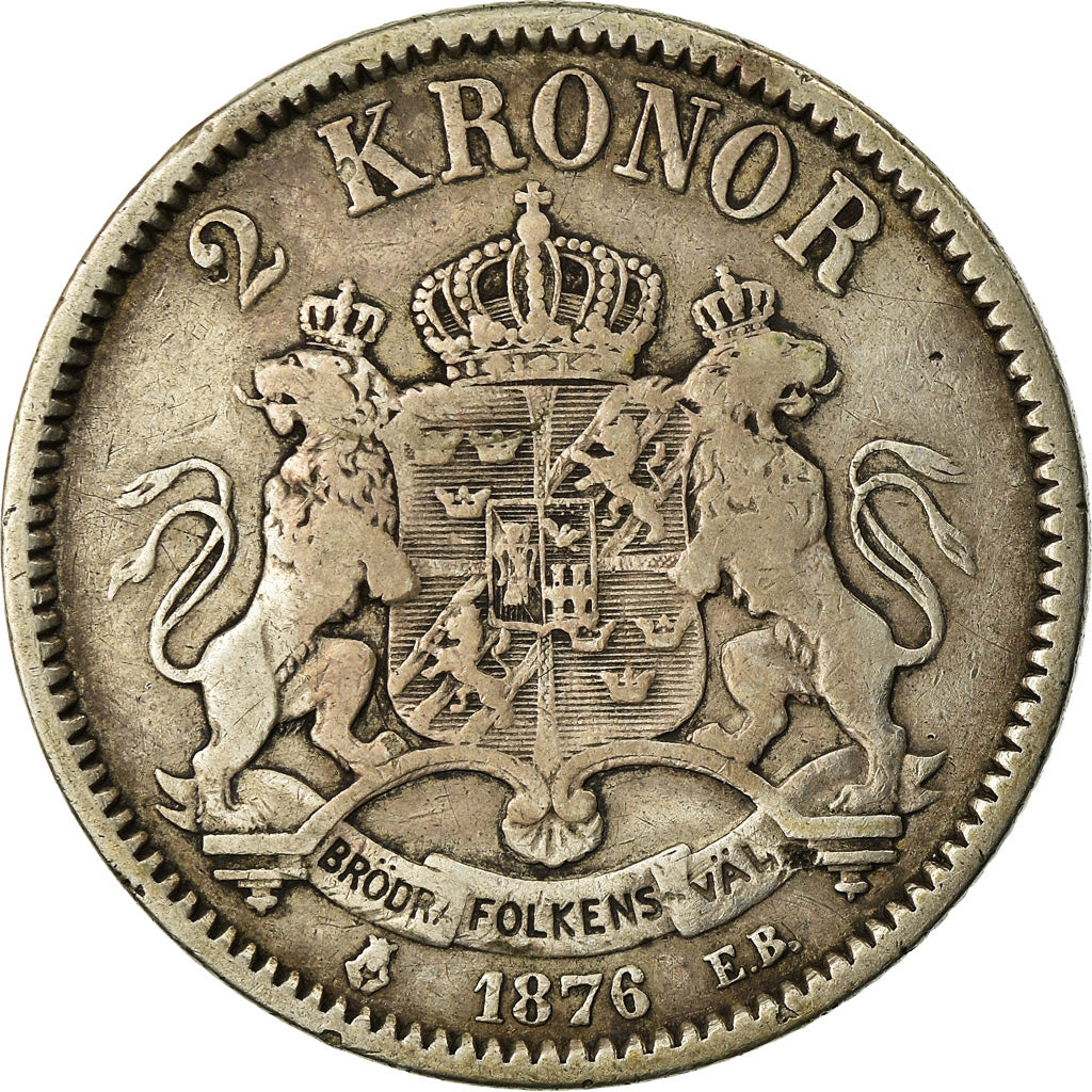 Coin, Sweden, Oscar II, 2 Kronor, 1876, VF(20-25), Silver, KM:742