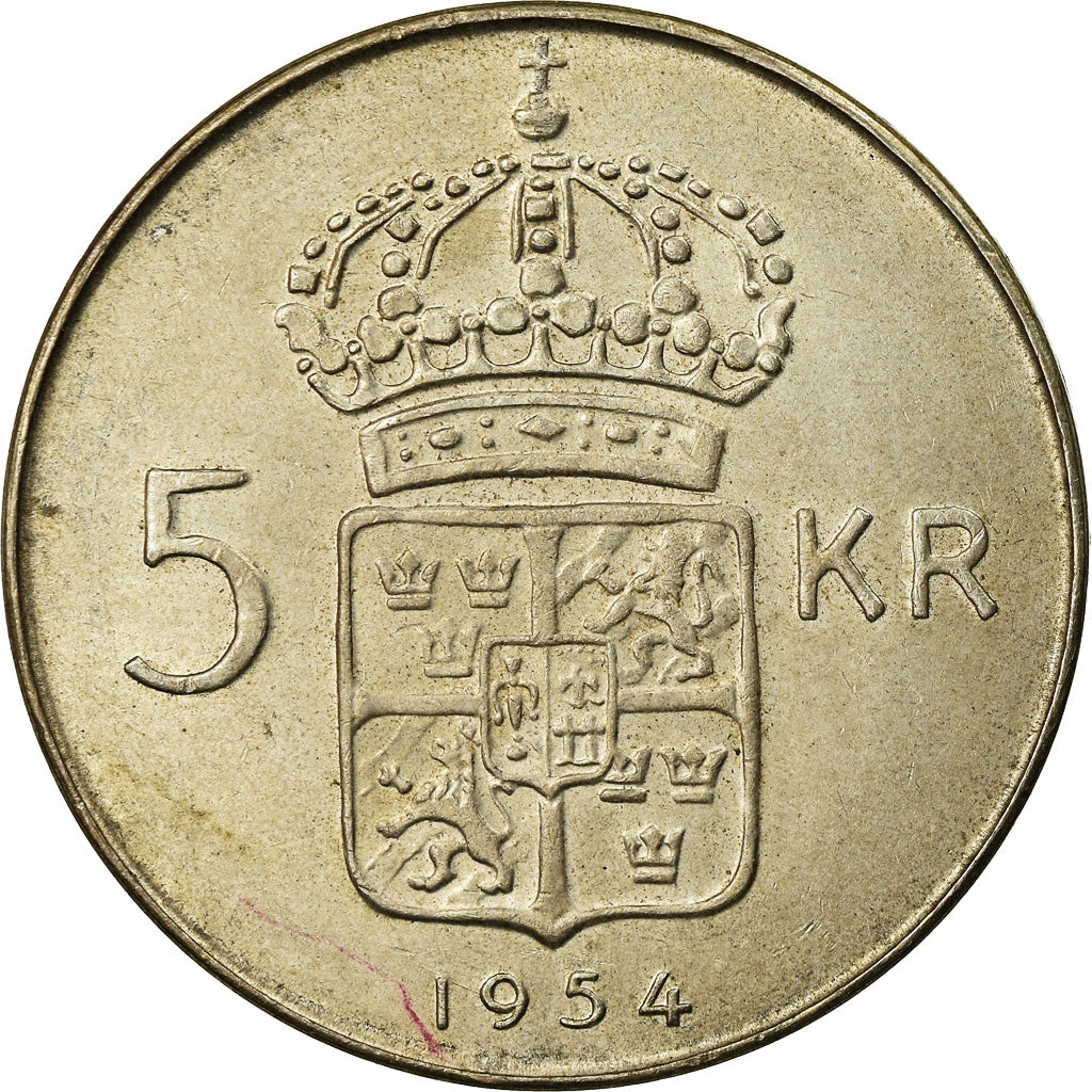 Coin, Sweden, Gustaf VI, 5 Kronor, 1954, AU(55-58), Silver, KM:829