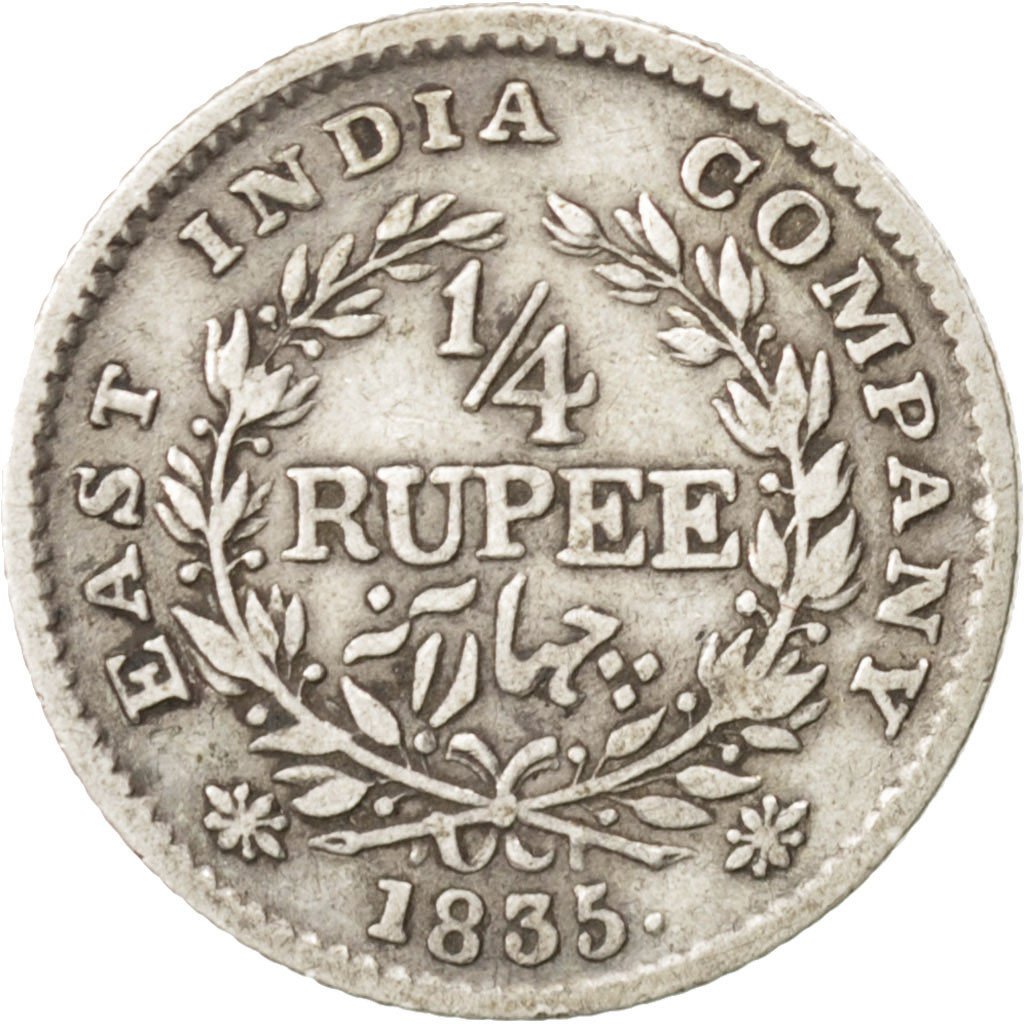 INDIA-BRITISH, 1/4 Rupee, 1835, Bombay, KM #448.3, VF(30-35), Silver, 2.75