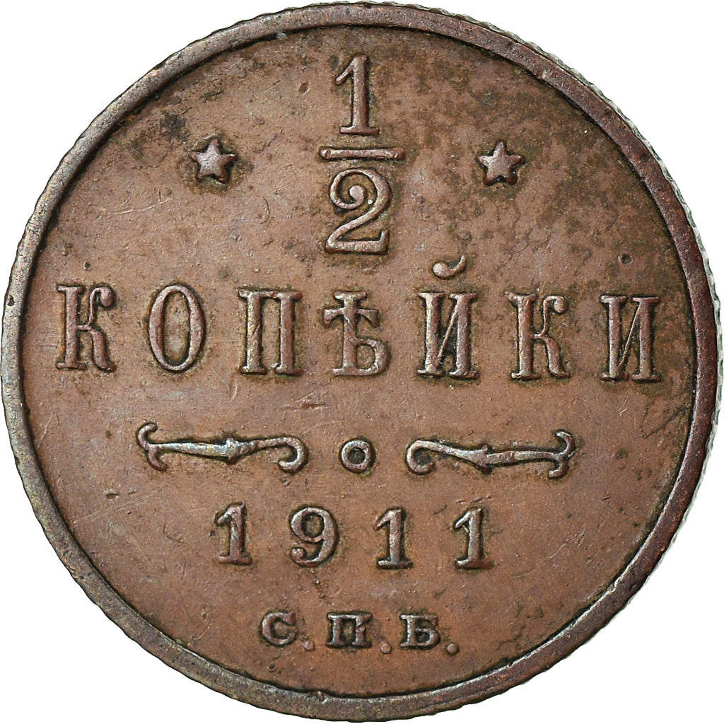 Moneda, Rusia, Nicholas II, 1/2 Kopek, 1911, Saint-Petersburg, MBC, Cobre