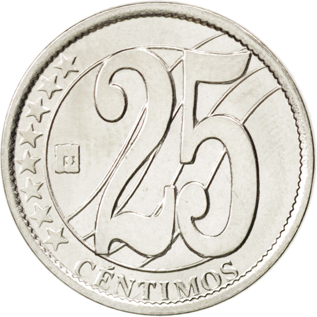 VENEZUELA, 25 Centimos, 2007, Maracay, KM #91, MS(63), Nickel Plated Steel, 20,.