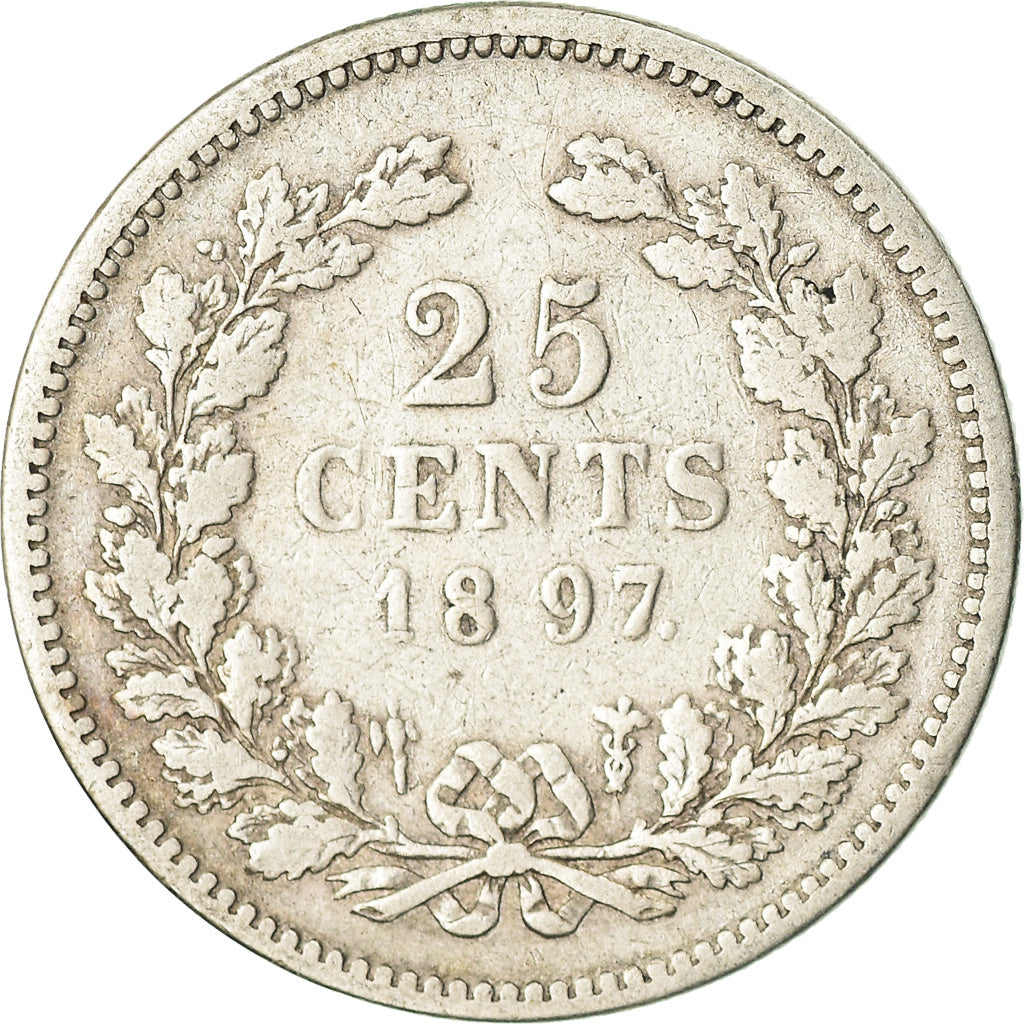 Moneta, Holandia, Wilhelmina I, 25 Cents, 1897, VF(20-25), Srebro, KM:115