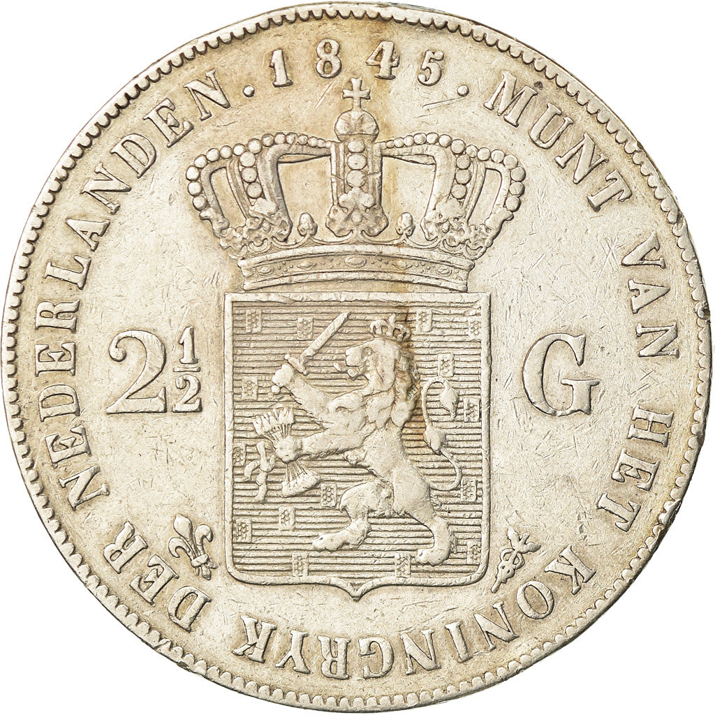 Coin, Netherlands, William II, 2-1/2 Gulden, 1845, VF(30-35), Silver, KM:69.2