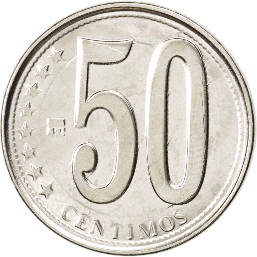 VENEZUELA, 50 Centimos, 2010, KM #100, MS(63), Nickel Plated Steel, 21.9, 4.34