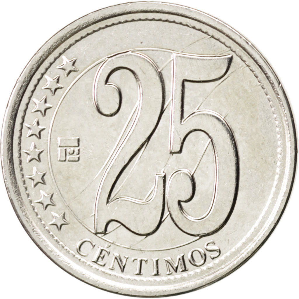 Coin, Venezuela, 25 Centimos, 2010, MS(63), Nickel plated steel, KM:99