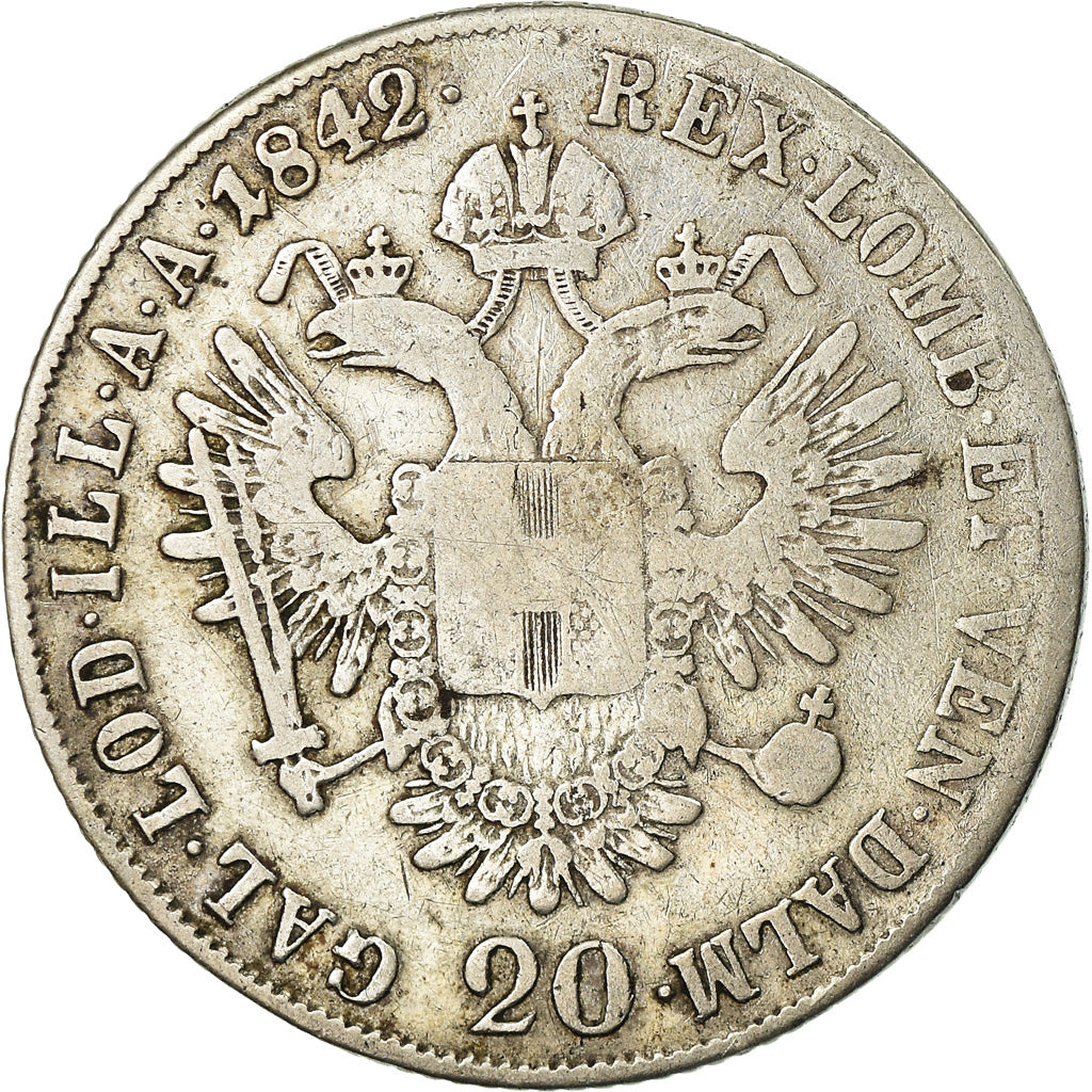 Coin, Austria, Ferdinand I, 20 Kreuzer, 1842, Milan, VF(20-25), Silver, KM:2208
