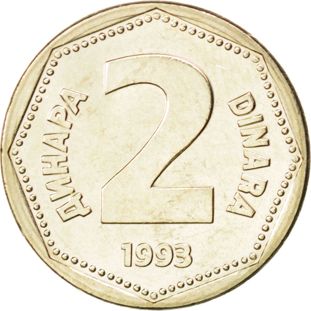 Coin, Yugoslavia, 2 Dinara, 1993, MS(63), Copper-Nickel-Zinc, KM:155