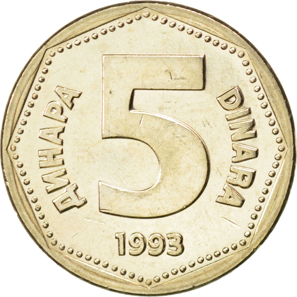 Coin, Yugoslavia, 5 Dinara, 1993, MS(63), Copper-Nickel-Zinc, KM:156