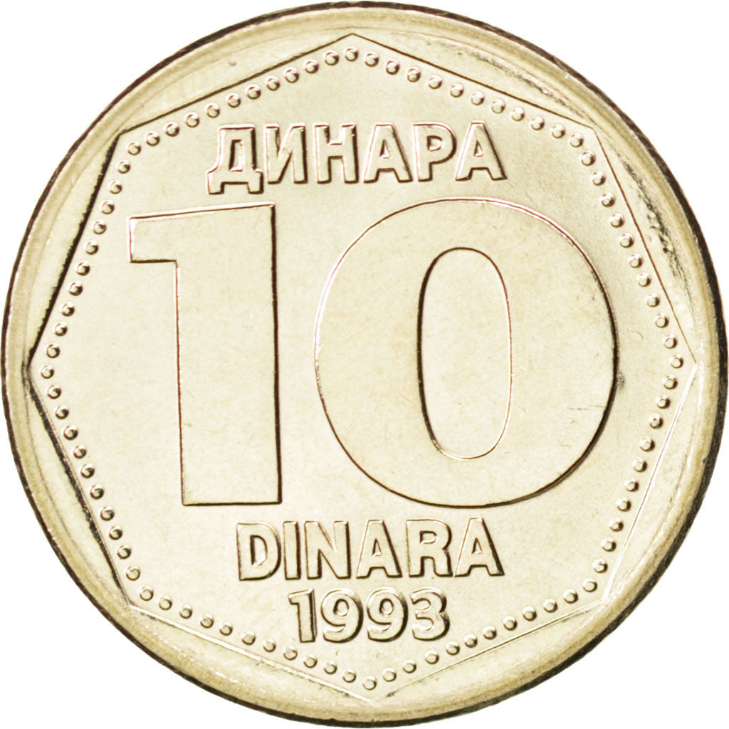 Coin, Yugoslavia, 10 Dinara, 1993, MS(63), Copper-Nickel-Zinc, KM:157