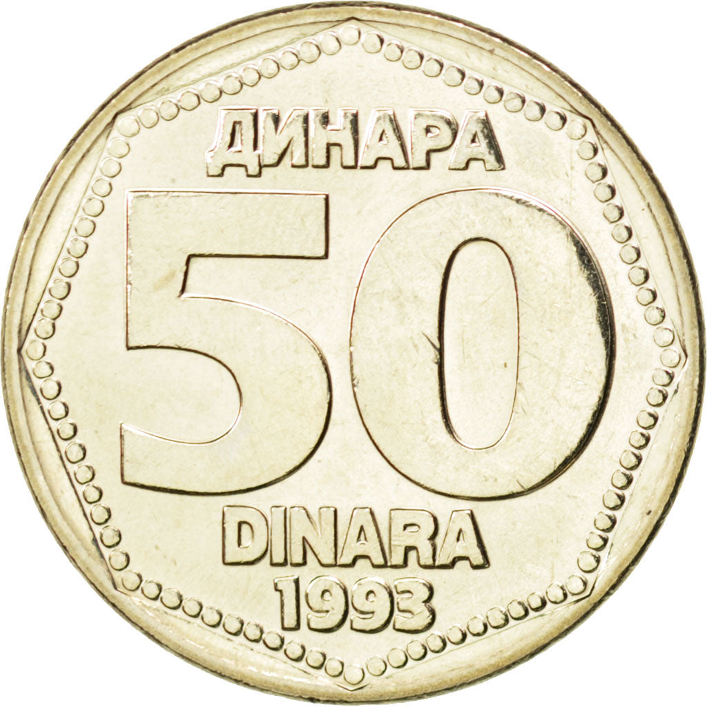 Coin, Yugoslavia, 50 Dinara, 1993, MS(63), Copper-Nickel-Zinc, KM:158